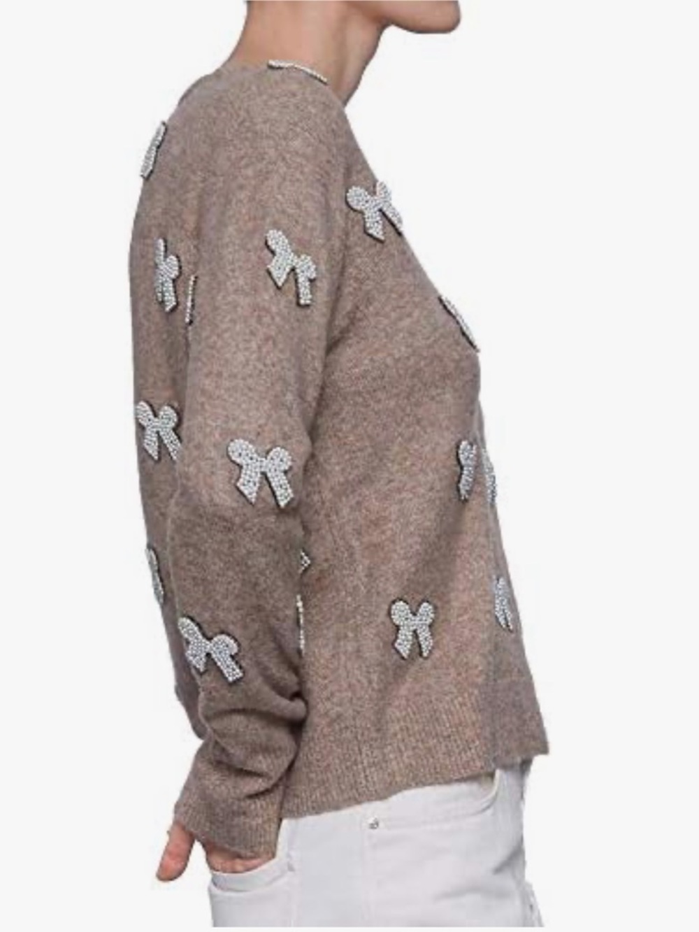 Zara Taupe Crewneck Sweater with White Bow Appliqués